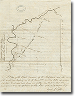 map of the area, with the Red River, Assiniboine River, Catfish Creek, Brandon house, Seven Oaks, and Frog Plains. The map shows the location of “Cart Tracks of the NWC Servants”, which is intersected by “The track of M. Fraser and two men”