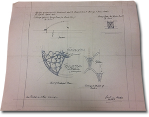 sketches of ornamental metalwork sent to Architectural Bronze and Iron Works for figures April 1916. Ceiling light at Eye of Dome (in Black Iron) 1/2″ scale. Bronze Gate (at grade level) 1/4″ scale.